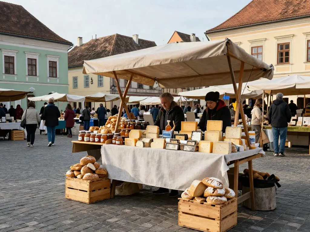 Taraba din piață, cu brânzeturi, miere și pâine în lăzi de lemn