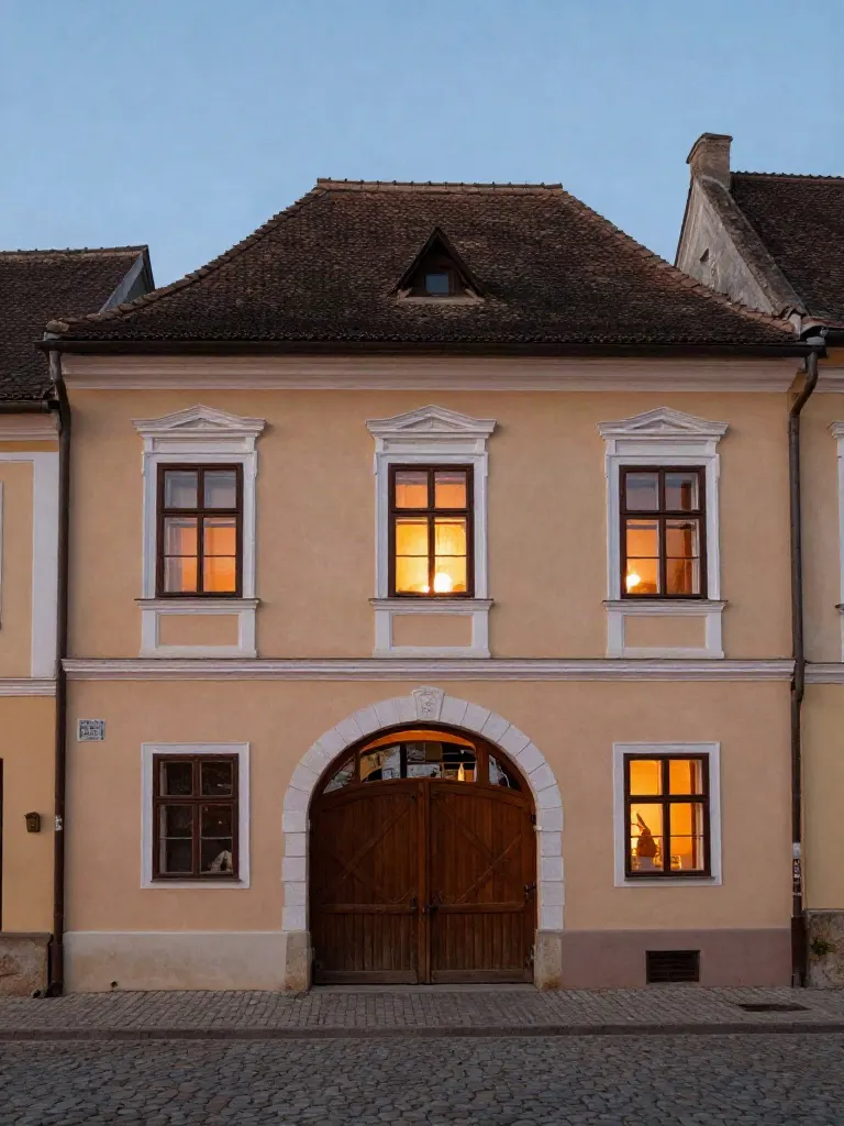 Fațada ocru a Casei Lăstunilor, cu poartă de stejar în arc, la lăsarea serii în Sibiu