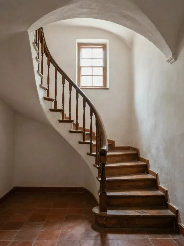 Scara în spirală din lemn, cu balustradă lustruită de timp, într-un hol cu tavan boltit și pardoseală de teracotă